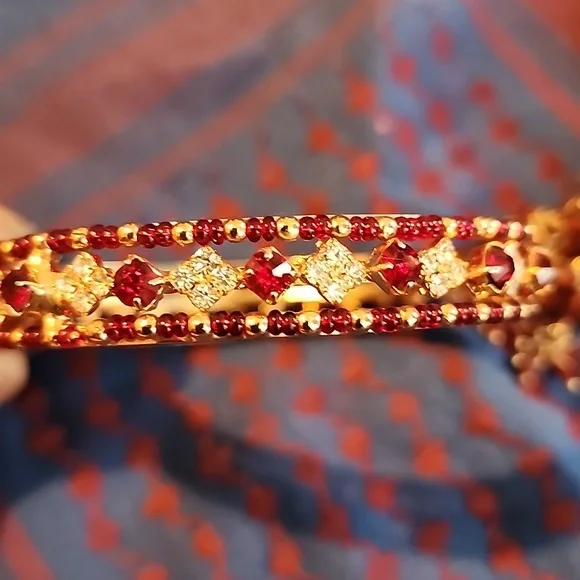 Bollywood Goldtone and Red Bangle Set - Picture 2 of 9